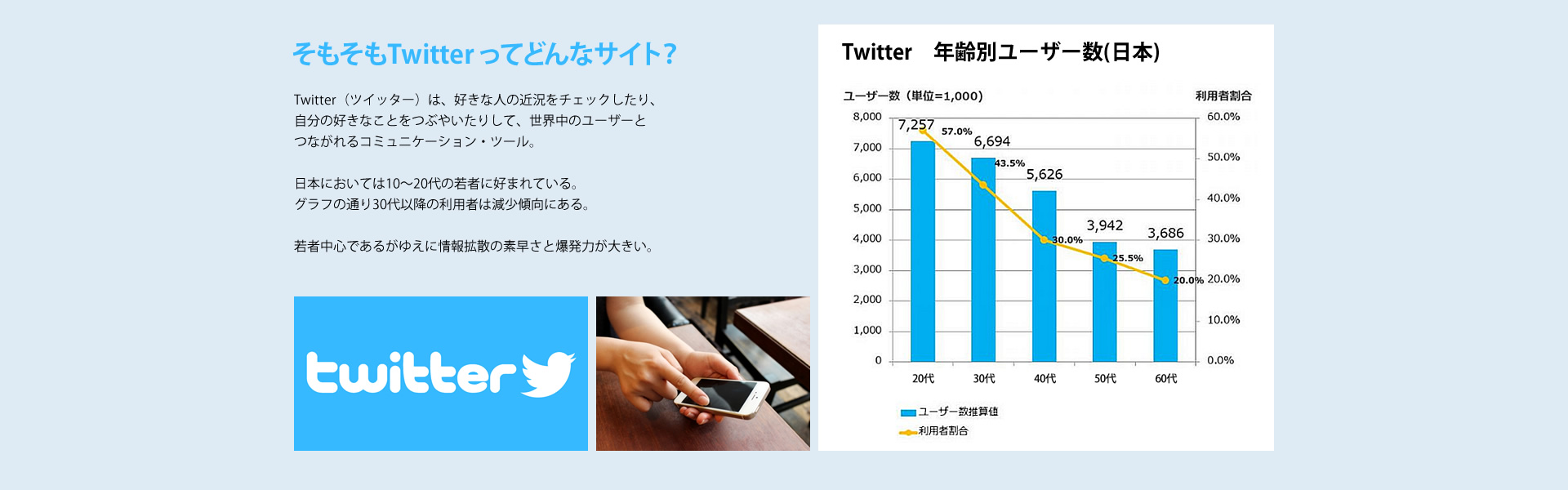 そもそもTwitter ってどんなサイト？
Twitter（ツイッター）は、好きな人の近況をチェックしたり、自分の好きなことをつぶやいたりして、世界中のユーザーとつながれるコミュニケーション・ツール。日本においては10～20代の若者に好まれている。グラフの通り30代以降の利用者は減少傾向にある。若者中心であるがゆえに情報拡散の素早さと爆発力が大きい。